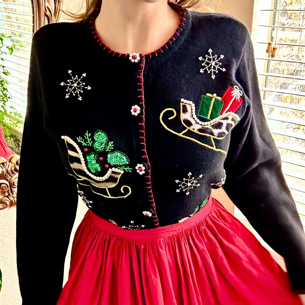 Vintage BP Design Holiday Sleigh Christmas Cardigan Small